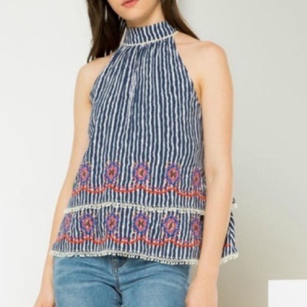 THML Halter Striped Tiered Embroidered Top